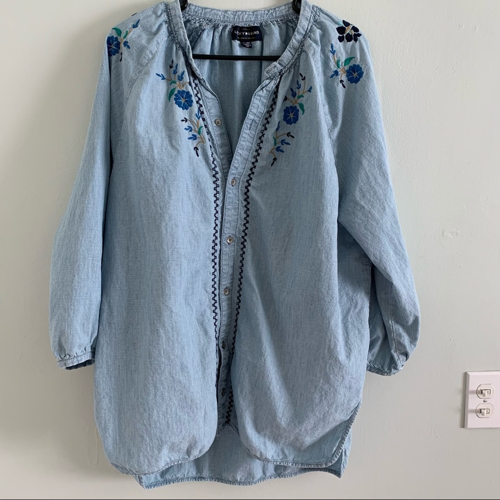 Lucky Brand embroidered flowy denim shirt